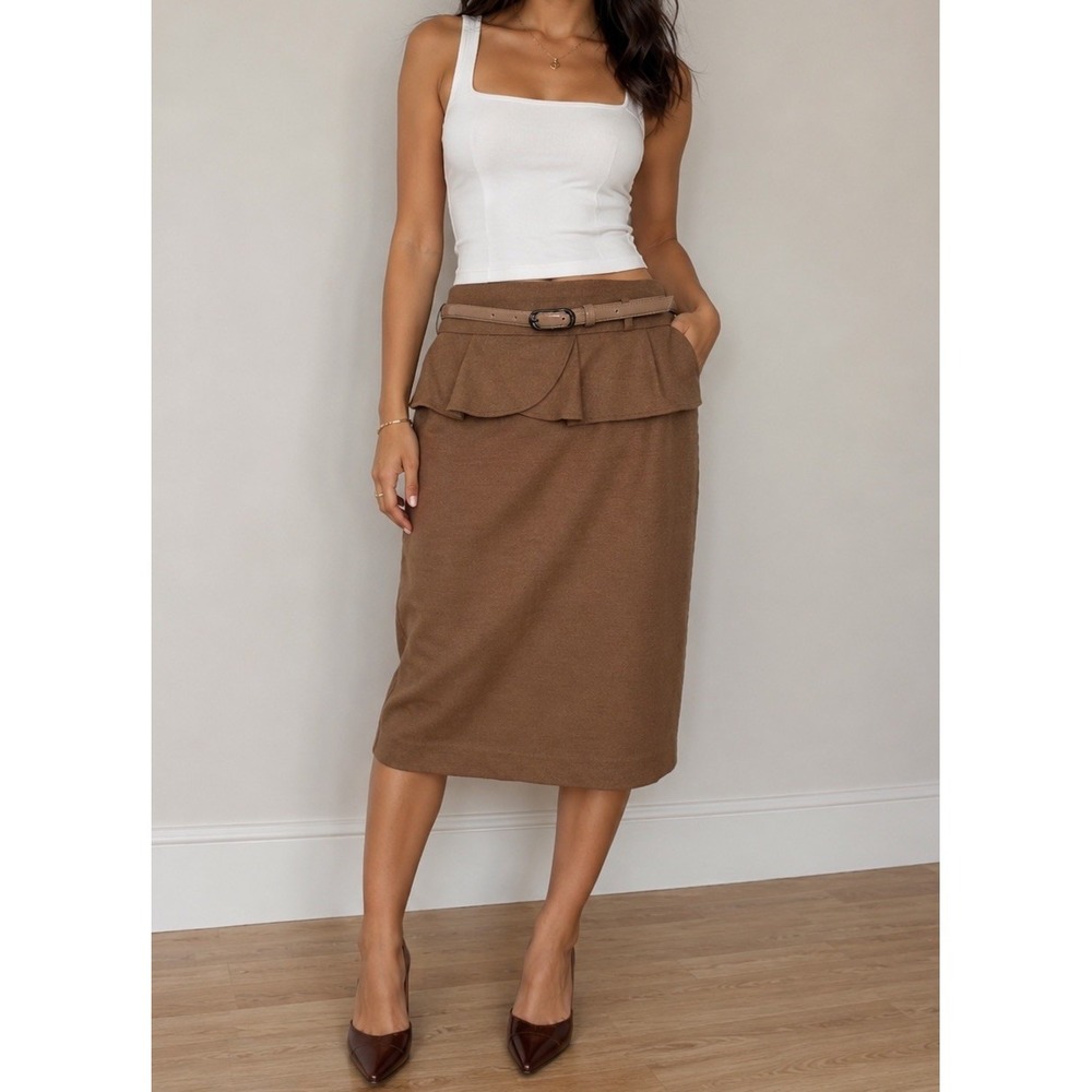 Vintage Naracamicie Camel Brown Peplum Waist Wool Blend Womens Pencil Skirt Sz 3